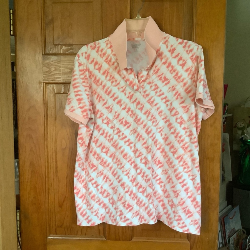 Lands' End orangey pink and white polo